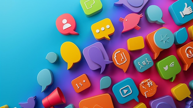 Photo colorful social media icons and speech bubbles on blue background