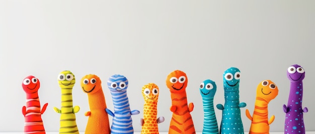 Photo colorful sock puppets standing in a row against a white background