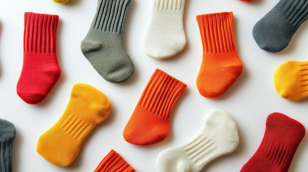 Photo colorful socks scattered on a white surface