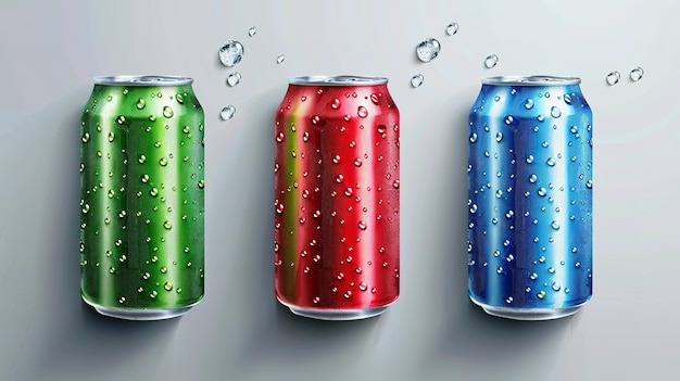 Colorful soda cans with water drops on gray background drink concept