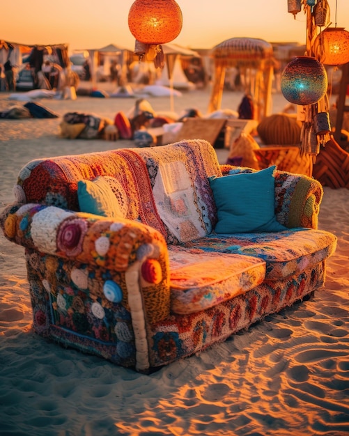 colorful sofa on the beach at sunset