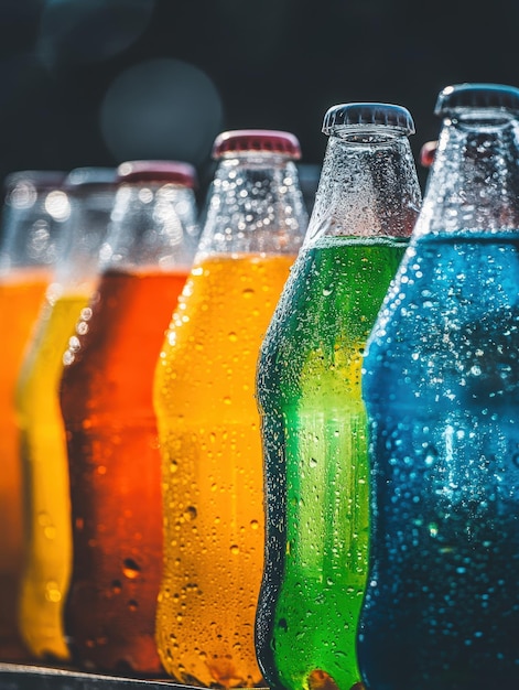 Photo colorful soft drink bottles glistening with condensation in sunlight