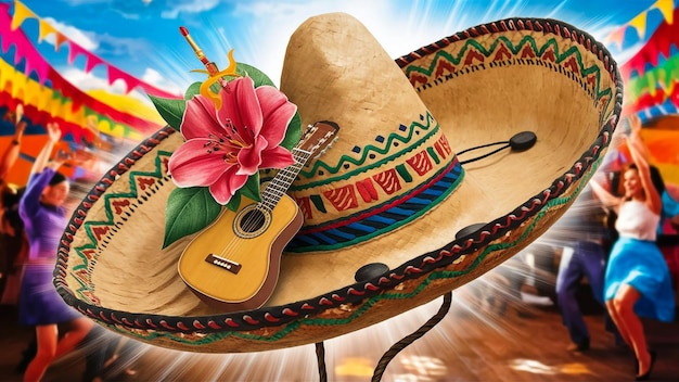 a colorful sombrero with a guitar and a flower on it