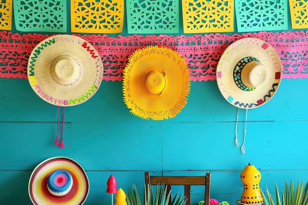 Colorful sombreros on a blue wall with festive decorations