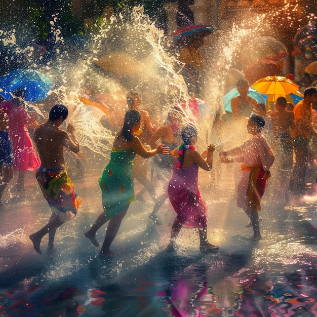 Colorful Songkran Water Festival in Thailand Group of People Playing with Umbrellas