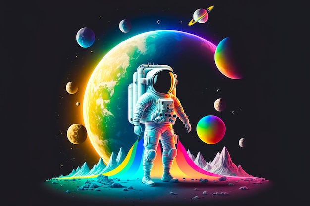 Colorful Space Background Astronaut on a rocket on the background of the moon and space