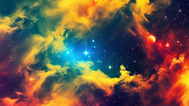 A colorful space background with a nebula and stars.