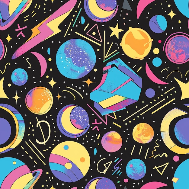 a colorful space background with planets and space shuttles