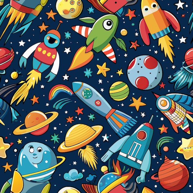 a colorful space background with a space ship and planets