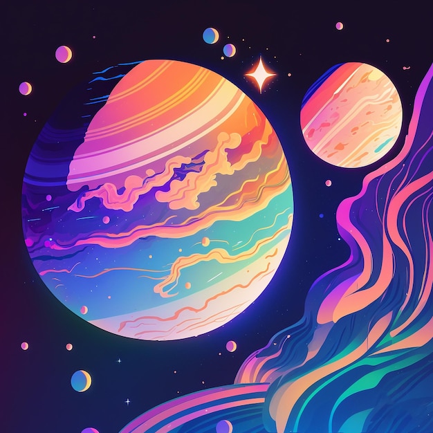 A colorful space illustration with a planet and a moon.