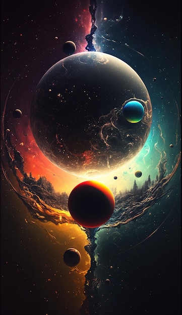 A colorful space painting with the words planets and clouds on it