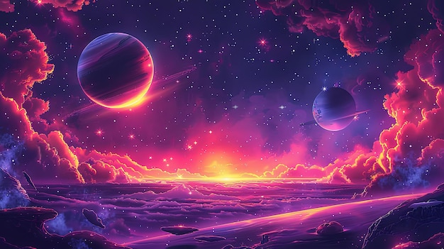 Colorful space scene with planets and stars