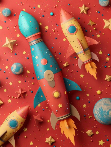 Photo colorful space themed childhood imagination with vibrant toy rockets stars and planets on a red