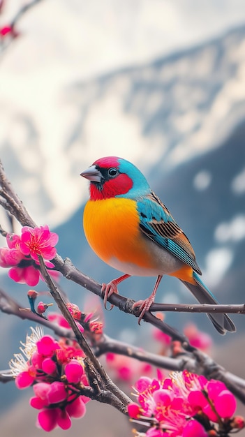 A colorful sparrow perched on a plum branch with snowcapped mountains in the background