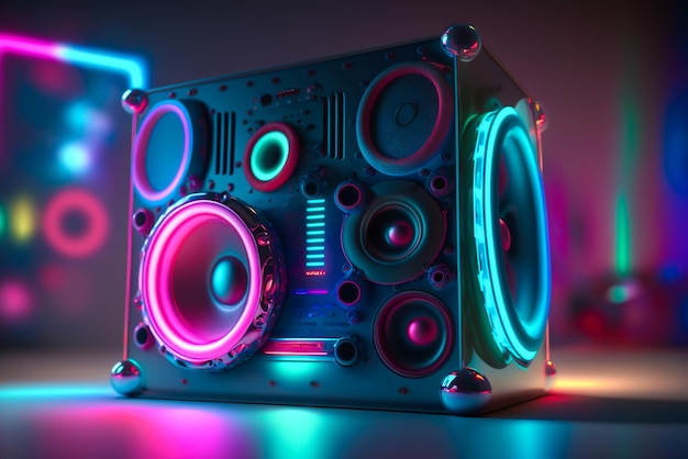 A colorful speaker with the word music on it