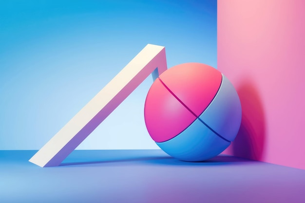 A colorful sphere rests against a white geometric shape in a blue and pink setting