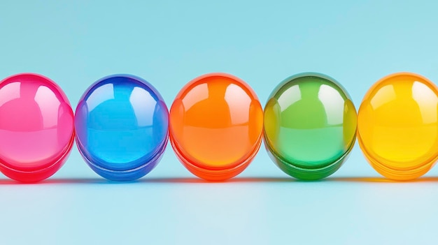 Colorful Spheres in a Row on a Blue Background