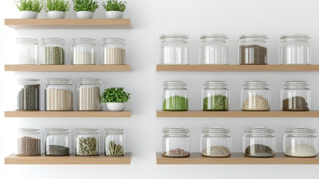 Photo colorful spice and seed jars neatly lined up on wooden shelves create an organized and vibrant display in a simple minimalist style