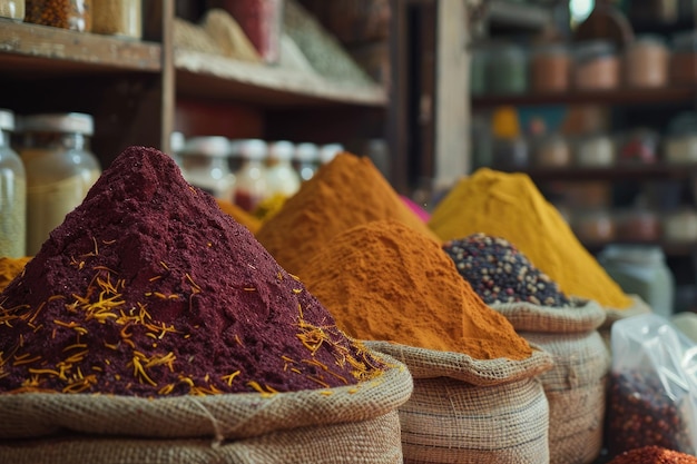 Colorful Spices Arranged in a Traditional Market Setting