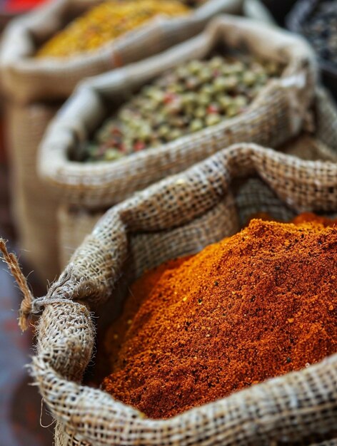 Colorful Spices in Burlap Sacks at Market