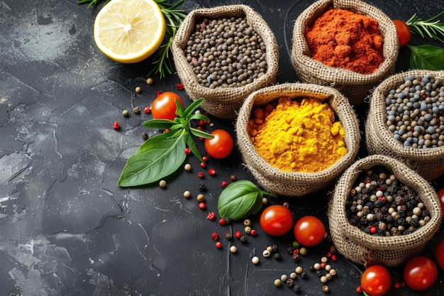 Colorful spices and herbs in burlap sacks on a dark stone background