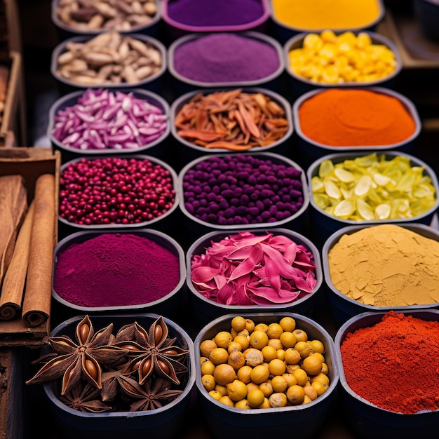 Colorful spices and herbs on display at a market in India