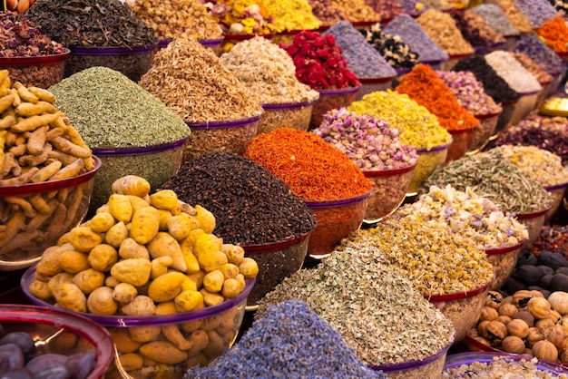 Colorful spices and herbs sold on traditional street market