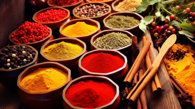 Colorful spices on wooden table