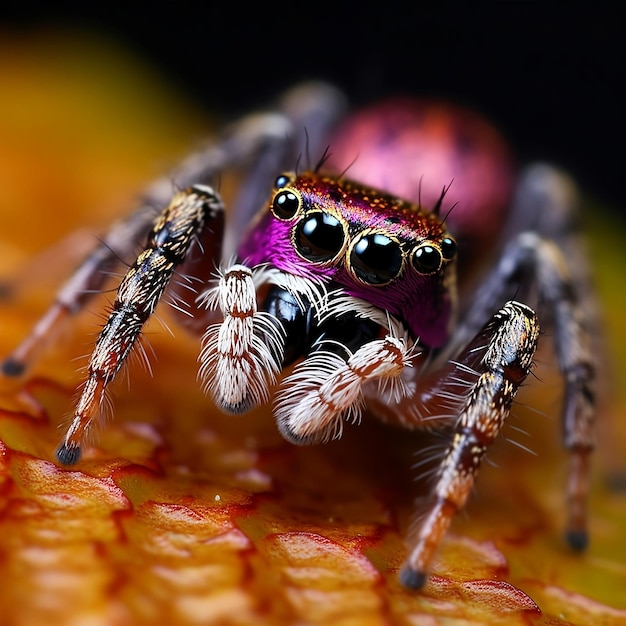 A colorful spider with black eyes and black and purple on its face.