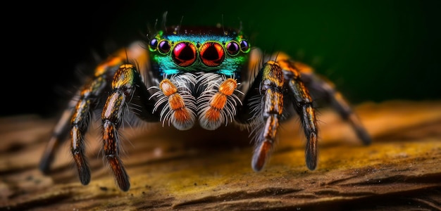 A colorful spider with red eyes sits on a branch.