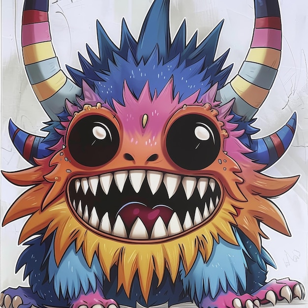 Colorful Spiky Monster with Large Eyes and Grinning Mouth