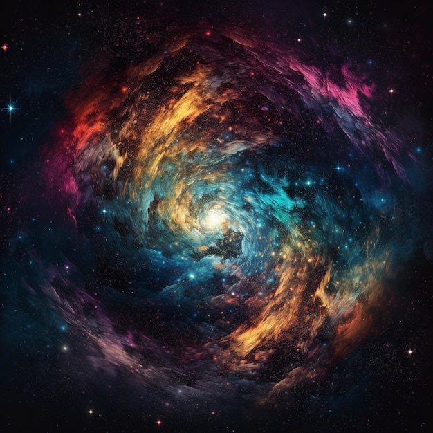 A colorful spiral galaxy with a black hole in the center