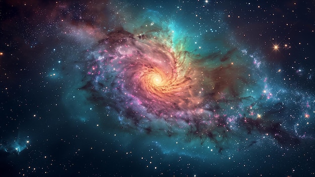 A colorful spiral galaxy with a bright yellow center