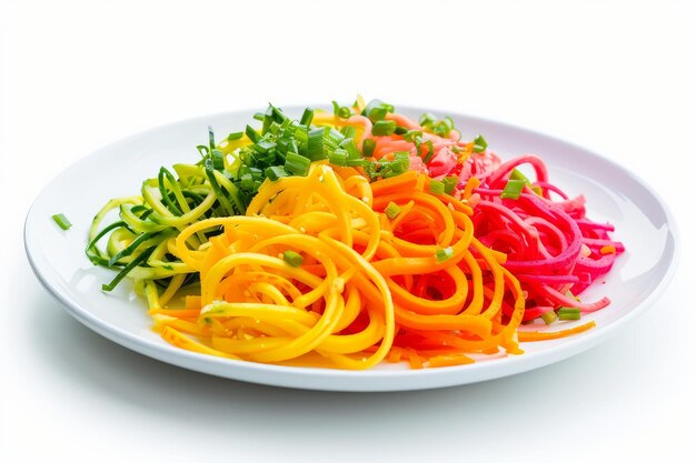 Photo colorful spiralized vegetable noodles on a plate photo on white isolated background ar 32 v 6 job id