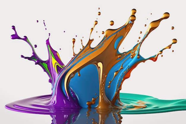 A colorful splash of liquid is shown in a white background.