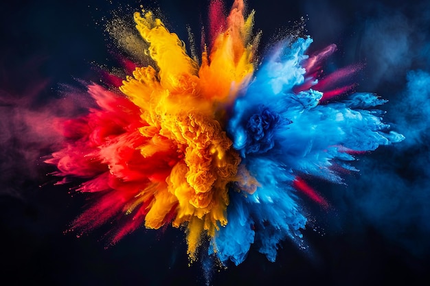 Colorful splash of paint containing red blue and yellow colors spreads out on canvas Generative AI