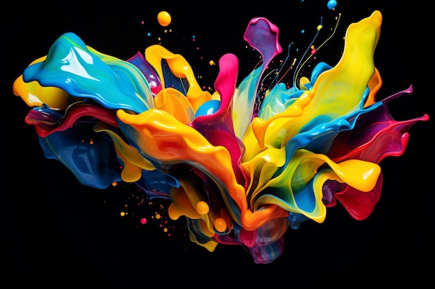 a colorful splash of paint is seen on a black background in the style of bright colors bold shapes