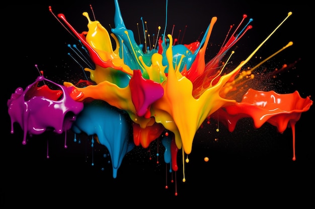 a colorful splash of paint is seen on a black background in the style of bright colors bold shapes