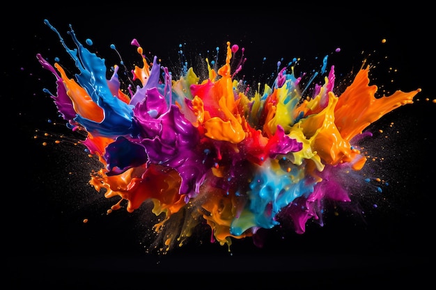 a colorful splash of paint is seen on a black background in the style of bright colors bold shapes