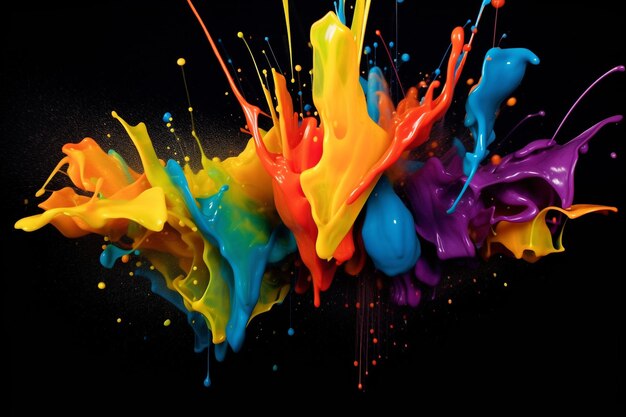 a colorful splash of paint is seen on a black background in the style of bright colors bold shapes