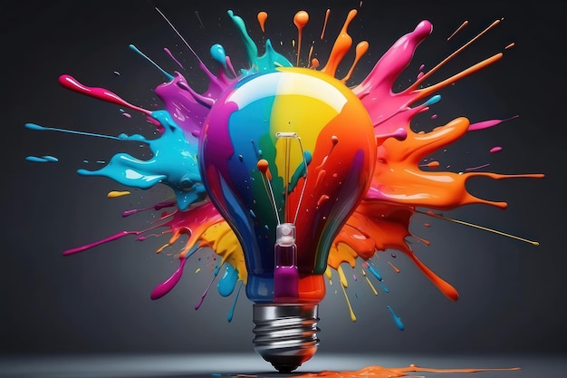 A colorful splash of paint surrounds a lightbulb representing creativity ideas and innovation