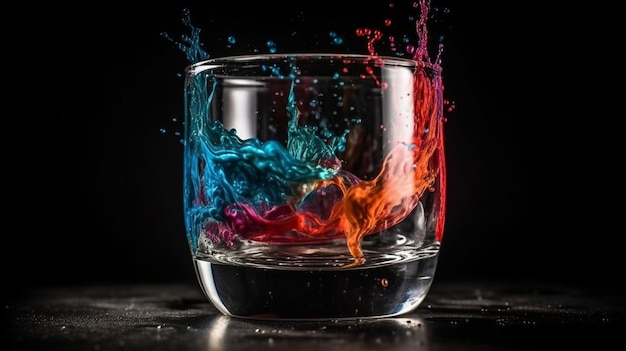 Colorful splashes in a glass of whiskey on a black backgroundgenerative ai