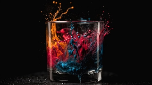 Colorful splashes in a glass of whiskey on a black backgroundgenerative ai