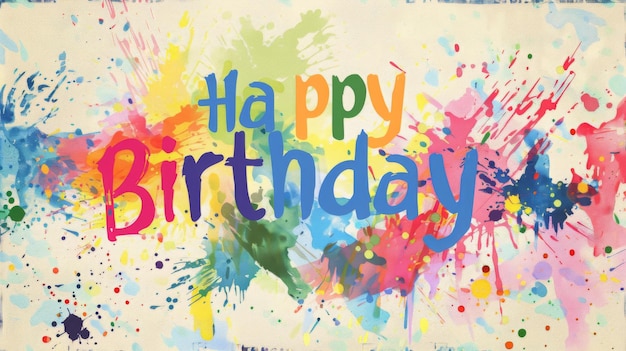 Photo colorful splashes surround cheerful happy birthday text creating a festive atmosphere perfect for