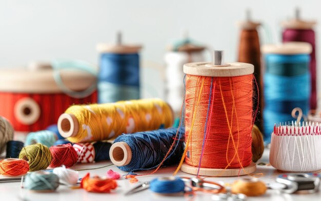 Photo colorful spools of thread and sewing tools scattered on a vibrant workspace