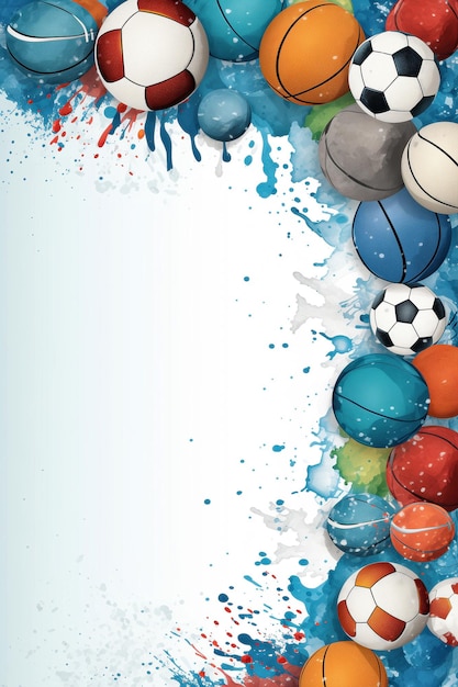 Photo colorful sports balls with blue watercolor splashes copy space for text