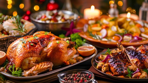 Photo colorful spread of chicken dishes for a holiday feast perfect for festive celebrations