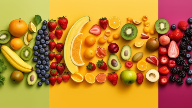 Colorful spread of fresh fruits and vegetables on a rustic table