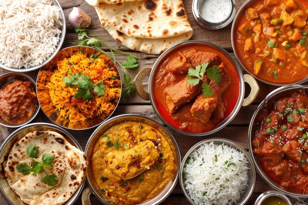 Colorful Spread of Indian Food on Wooden Table