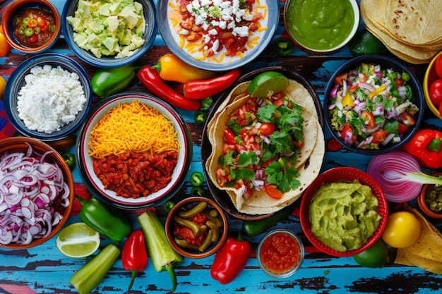 A colorful spread of Mexican food featuring tacos salsas and fresh ingredients on a blue table